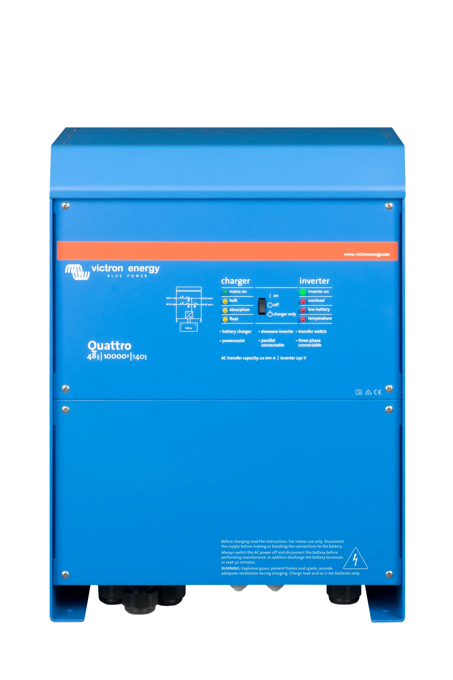 Victron Quattro 48/10000 inverter charger, 10kVA output, dual AC inputs, 48V 140A battery charger, VE.Bus compatible.