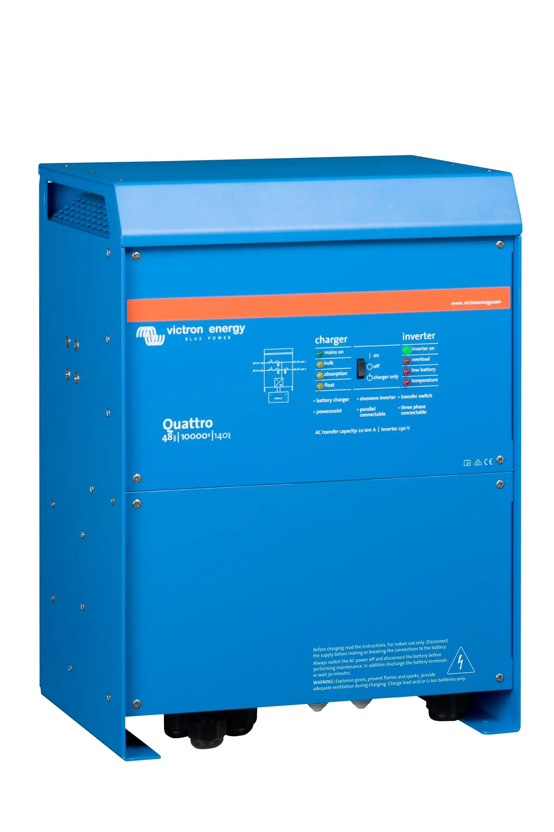 Victron Quattro 48/10000 inverter charger, 10kVA output, dual AC inputs, 48V 140A battery charger, VE.Bus compatible.