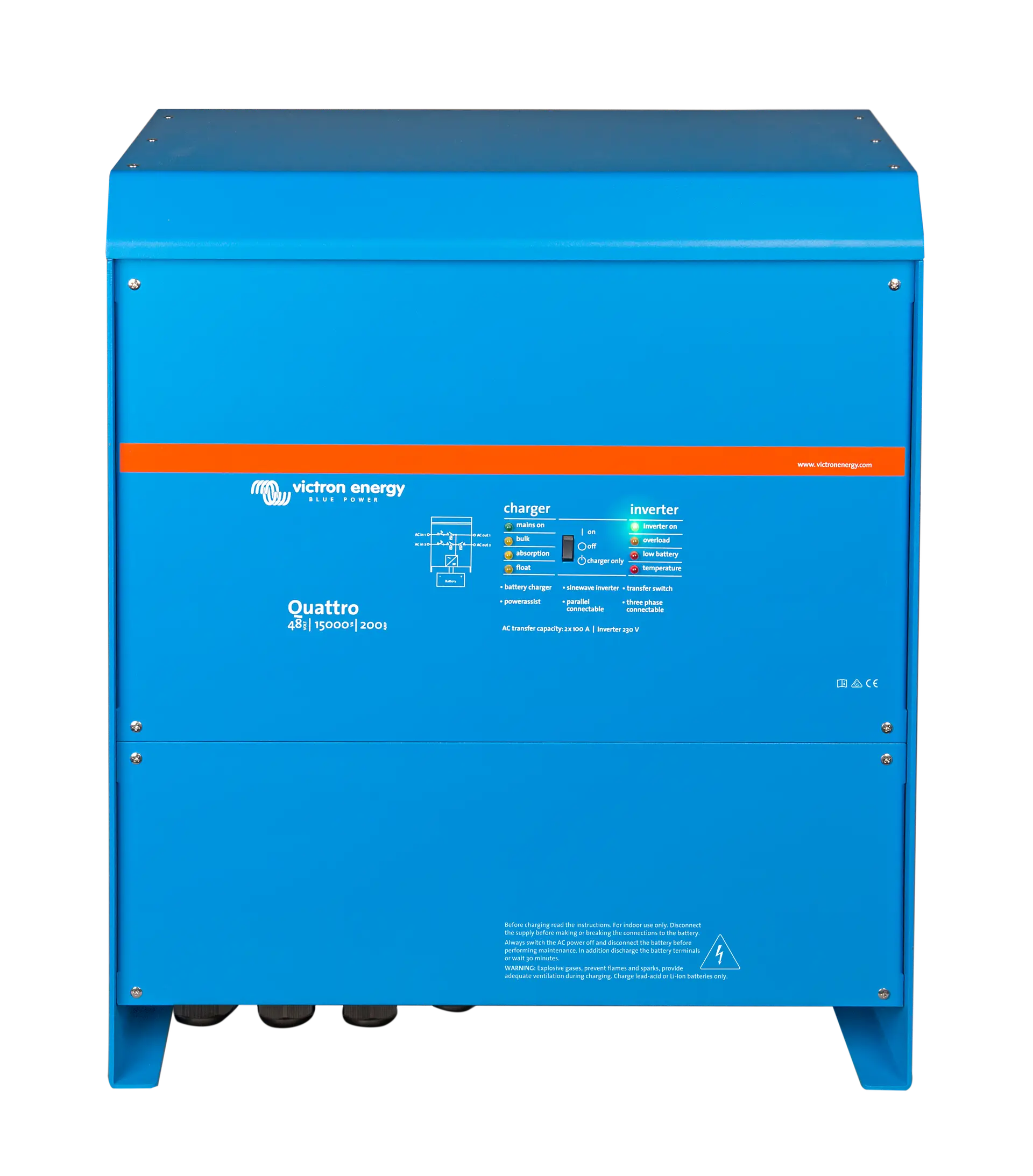 Victron Quattro 48/15000 inverter charger, 15kVA output, dual AC inputs, 48V 200A battery charger, VE.Bus compatible.
