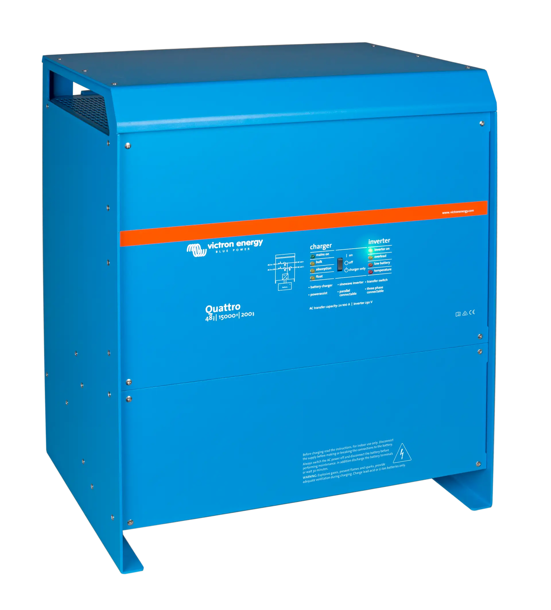 Victron Quattro 48/15000 inverter charger, 15kVA output, dual AC inputs, 48V 200A battery charger, VE.Bus compatible.