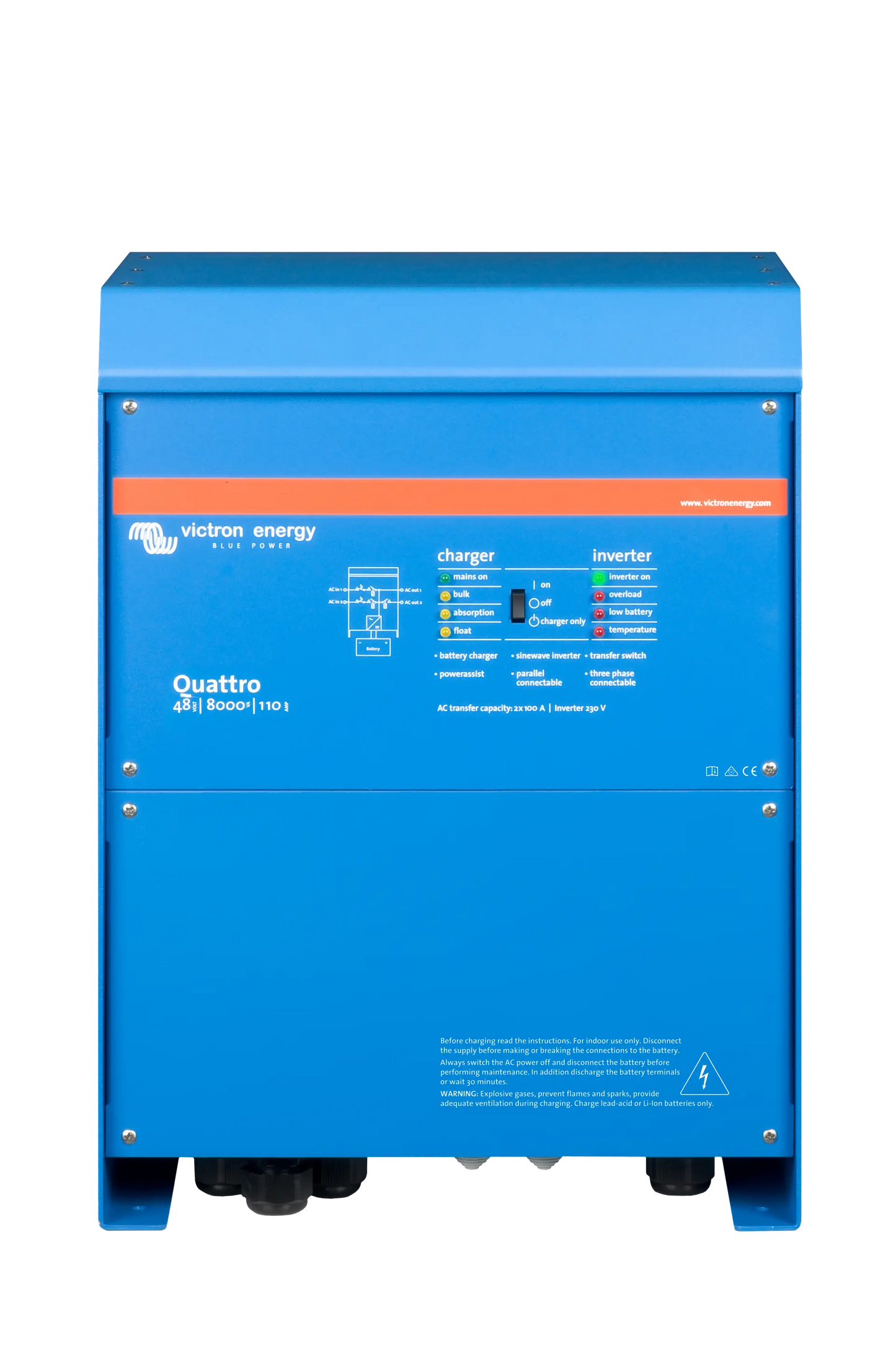 Victron Quattro 48/8000 inverter charger, 8000VA output, dual AC inputs, 48V 110A battery charger, VE.Bus compatible.