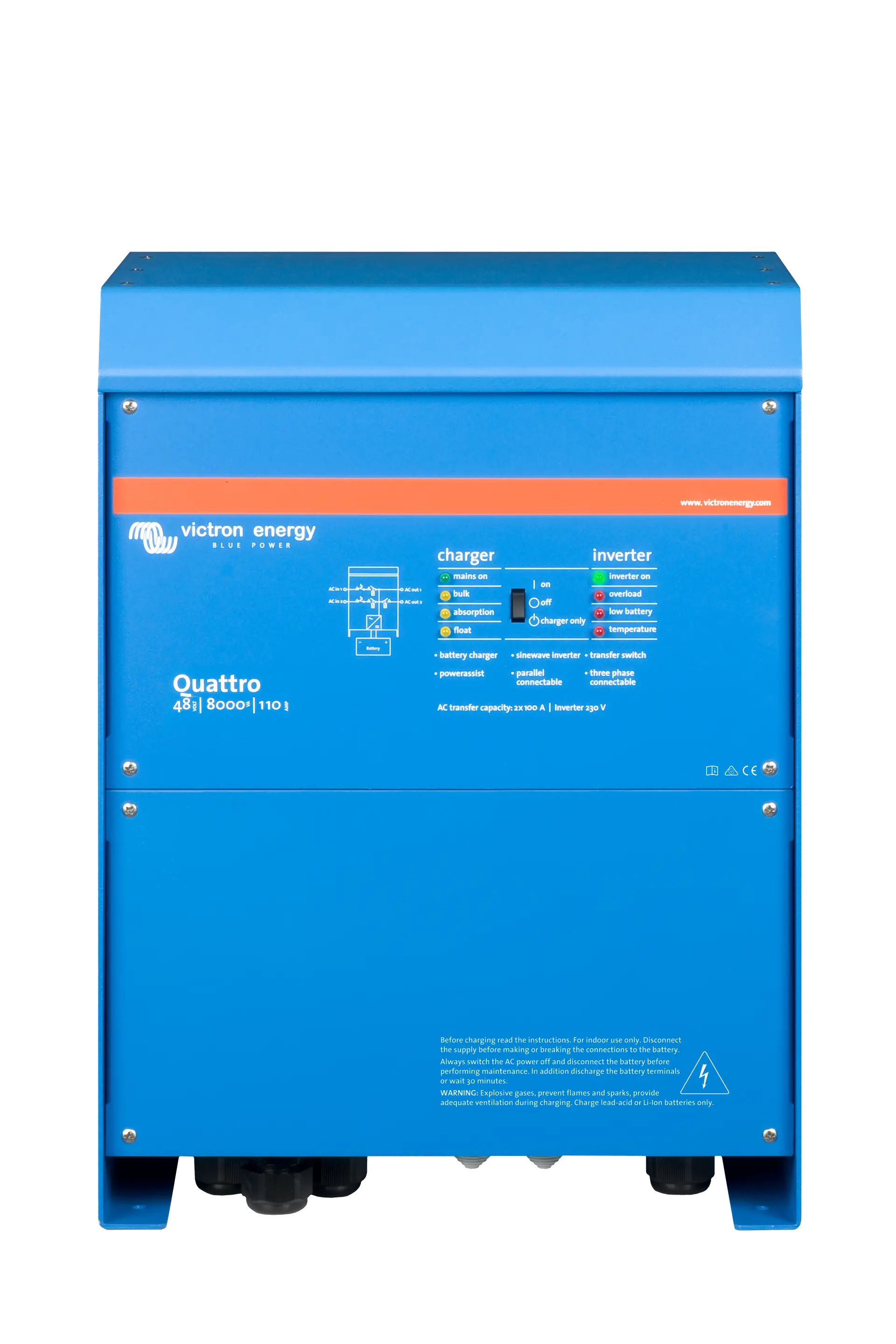 Victron Quattro 48/8000 inverter charger, 8000VA output, dual AC inputs, 48V 110A battery charger, VE.Bus compatible.
