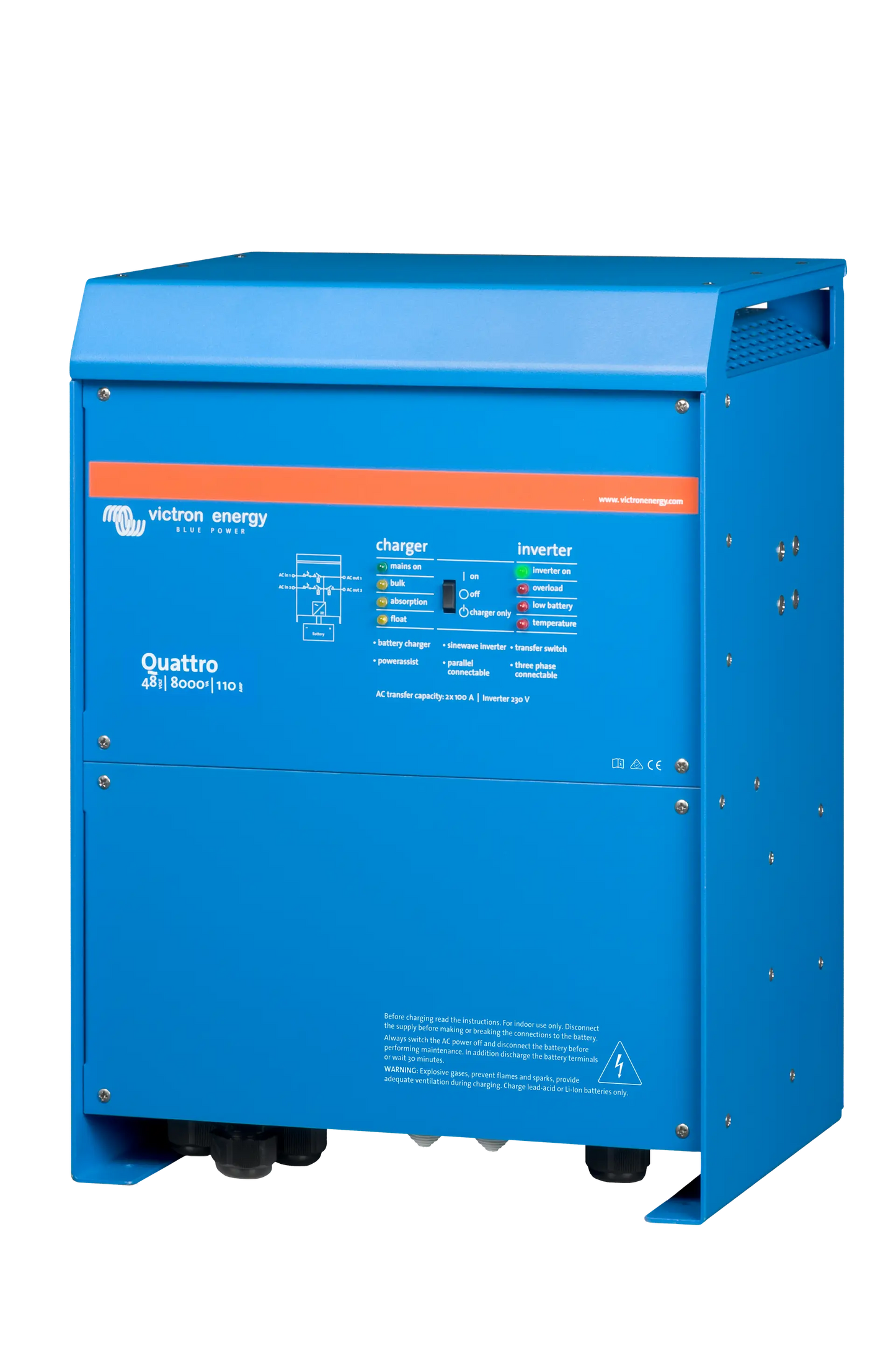 Victron Quattro 48/8000 inverter charger, 8000VA output, dual AC inputs, 48V 110A battery charger, VE.Bus compatible.