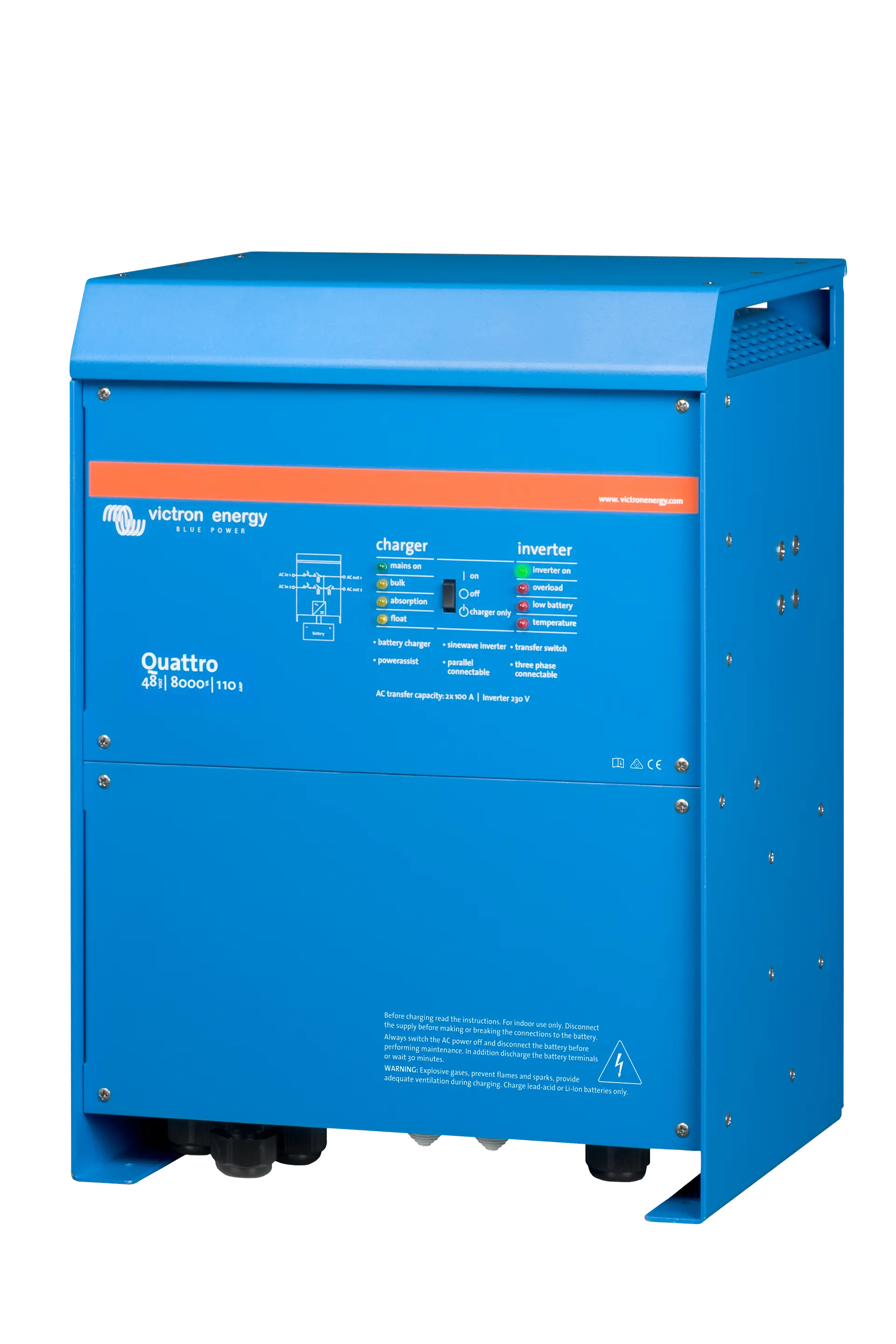 Victron Quattro 48/8000 inverter charger, 8000VA output, dual AC inputs, 48V 110A battery charger, VE.Bus compatible.