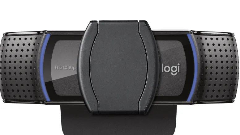 Close-up of Logitech C920s HD Pro Webcam privacy shutter covering the camera lens for added security