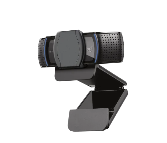 Close-up of Logitech C920s HD Pro Webcam privacy shutter covering the camera lens for added security