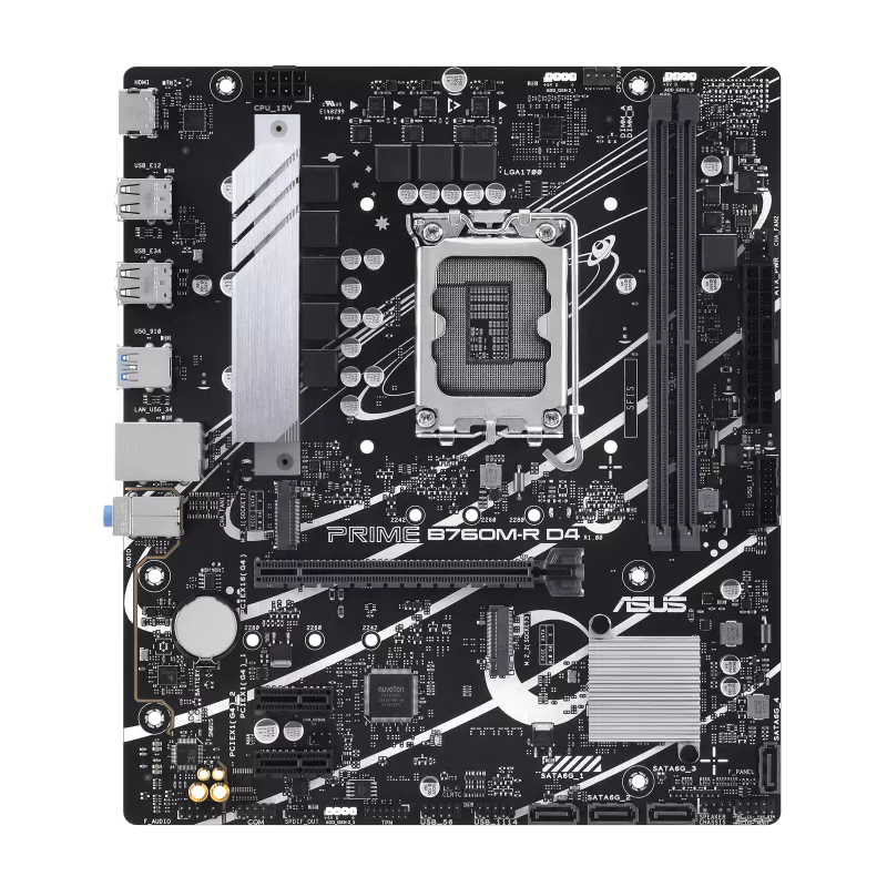ASUS PRIME B760M-R D4 micro ATX motherboard with DDR4 support for Intel LGA1700 budget gaming and office PC builds