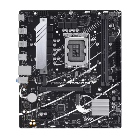 ASUS PRIME B760M-R D4 micro ATX motherboard with DDR4 support for Intel LGA1700 budget gaming and office PC builds
