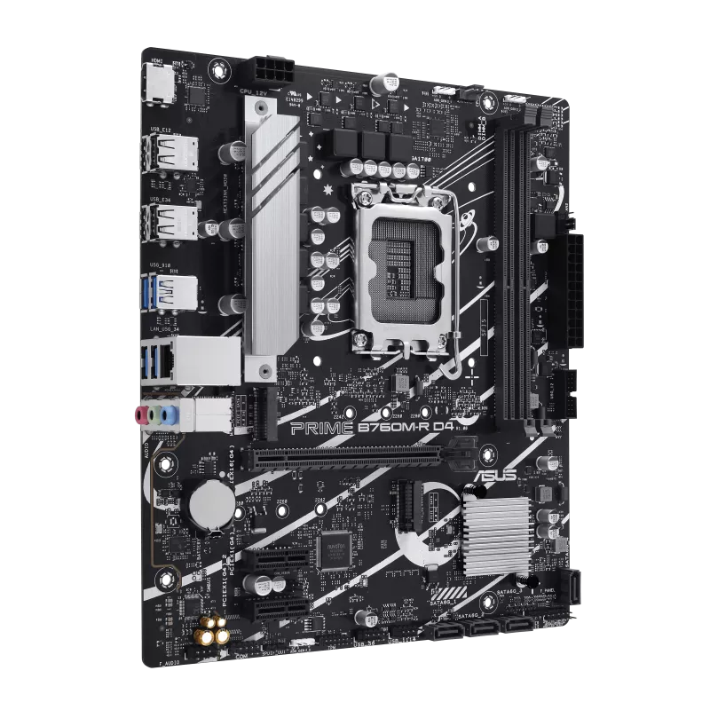 ASUS PRIME B760M-R D4 micro ATX motherboard with DDR4 support for Intel LGA1700 budget gaming and office PC builds
