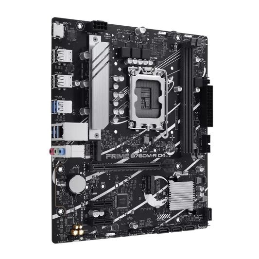 ASUS PRIME B760M-R D4 micro ATX motherboard with DDR4 support for Intel LGA1700 budget gaming and office PC builds