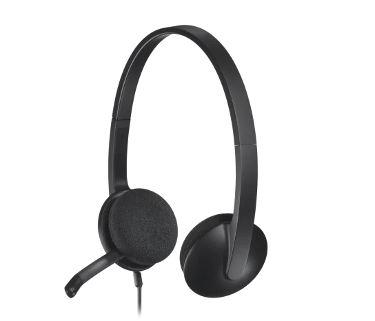 Side profile of Logitech H340 USB Headset showing noise-canceling microphone and flexible boom