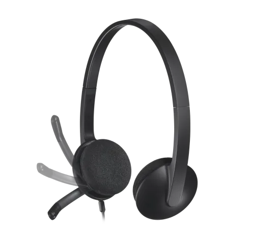 Side profile of Logitech H340 USB Headset showing noise-canceling microphone and flexible boom