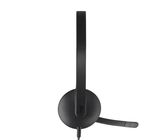 Side profile of Logitech H340 USB Headset showing noise-canceling microphone and flexible boom