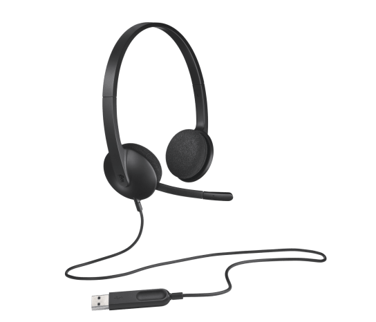 Logitech H340 USB Headset showing USB-A plug for digital audio connection and plug-and-play setup