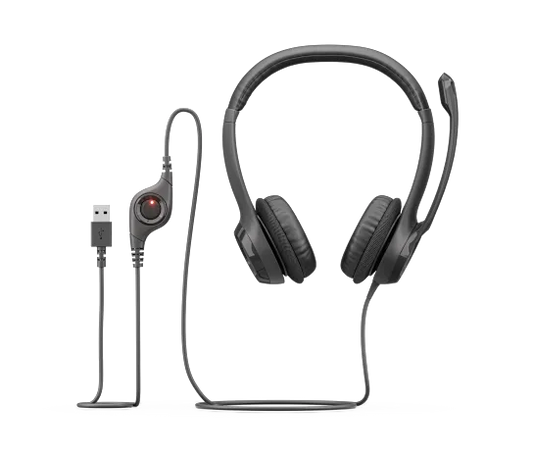 Logitech H390 USB Headset showing USB-A connector for plug-and-play digital audio connection