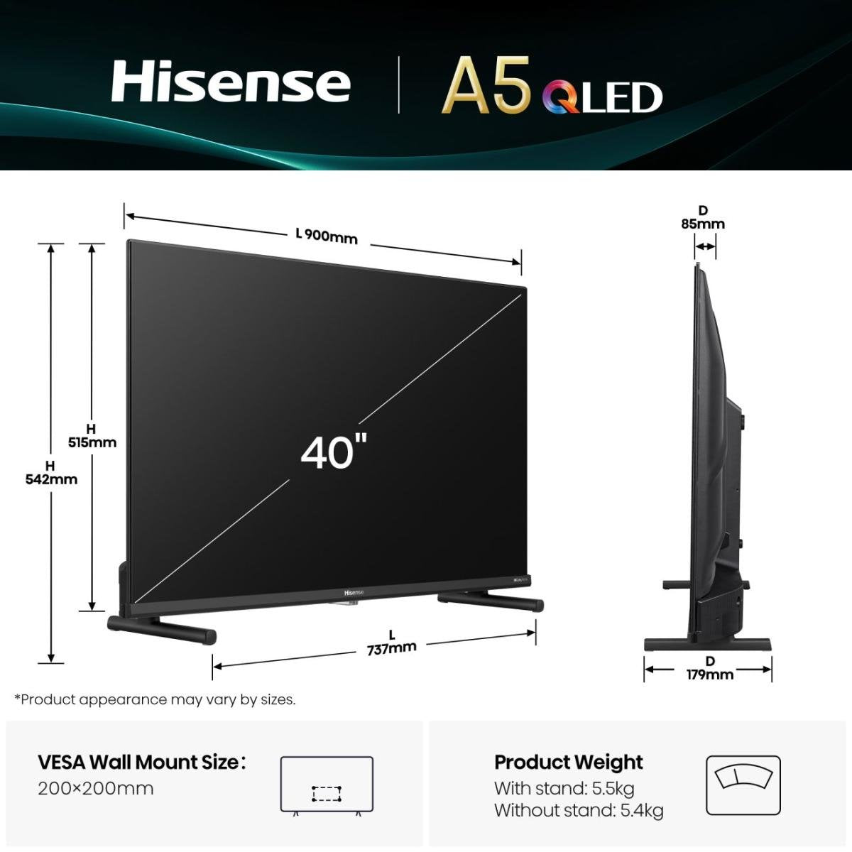 Hisense LEDN40A5Q 40 inch 4K Smart TV with 60Hz refresh rate for home entertainment, streaming, and gaming