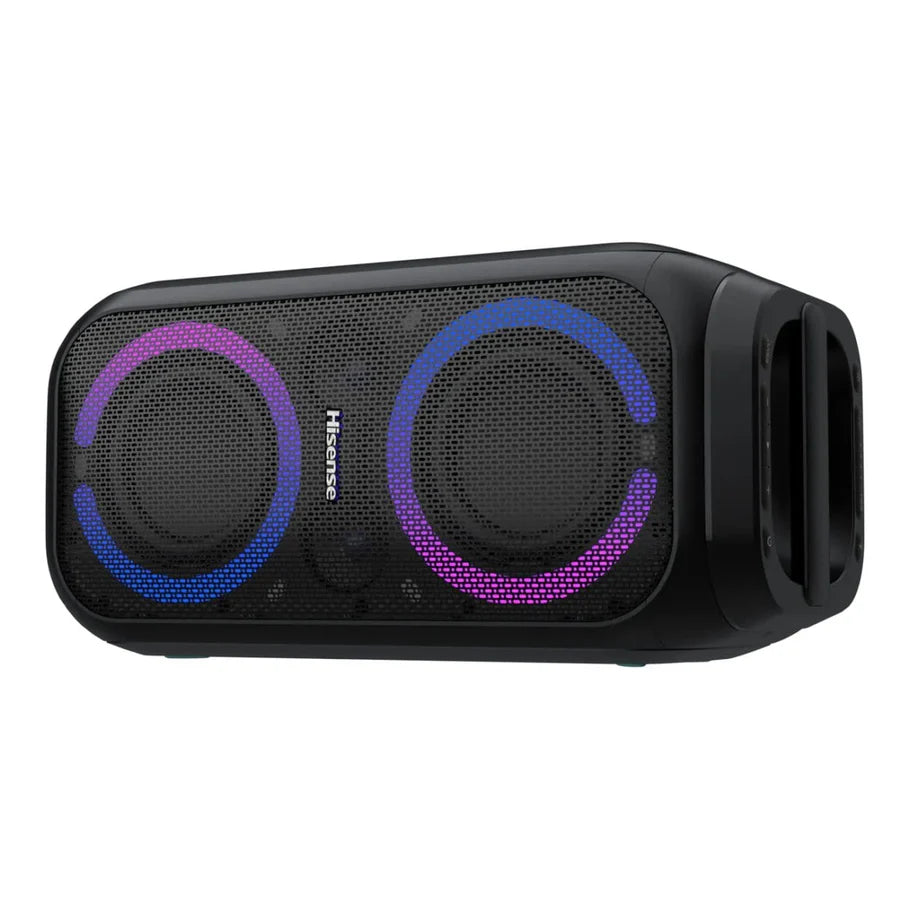 Hisense HP160 160W Party Rocket Speaker front view with lights on
