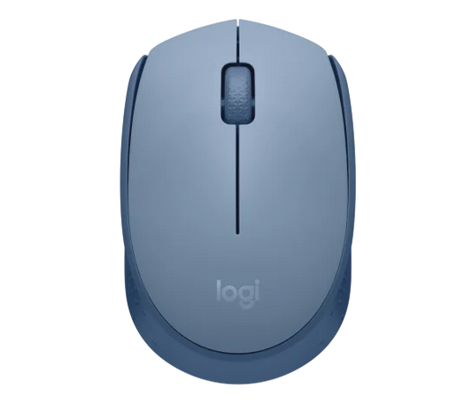 Logitech M171 Wireless Mouse in blue and grey with ergonomic design and optical tracking