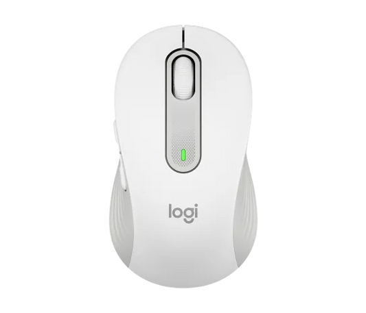 Logitech M650 Signature Wireless Mouse in off-white with ergonomic design and SmartWheel scrolling