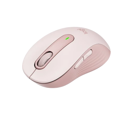 Side profile of Logitech M650 Signature Mouse in rose showing contoured shape and soft thumb grip