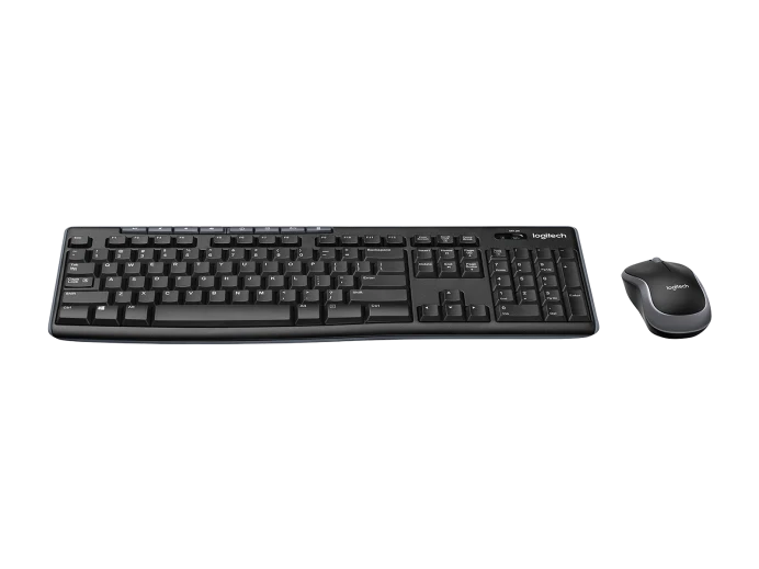 Side profile of Logitech MK270 wireless keyboard showing low-profile keys and compact design