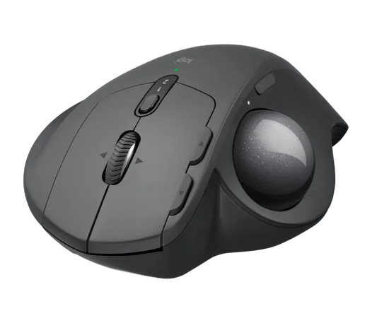 Close-up of Logitech MX ERGO Wireless Trackball Mouse showing high-precision trackball and customizable buttons