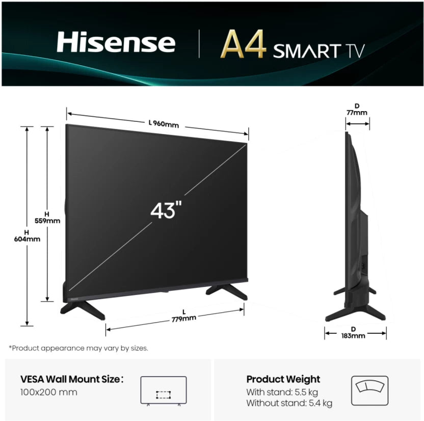 Hisense 43 inch A6Q 4K UHD Smart TV 60Hz VIDAA Dolby Vision compact television