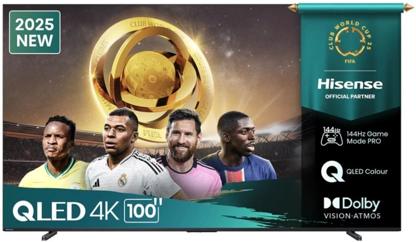 Hisense 100" Q7Q 144Hz 4K QLED Smart TV with Dolby Vision Atmos and VRR — massive screen for immersive gaming and cinema.