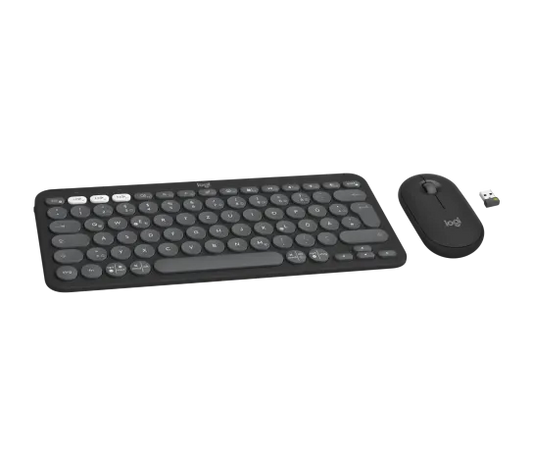 Logitech Pebble 2 wireless keyboard and mouse combo in sleek minimalist design, featuring compact low-profile keys and a smooth ergonomic mouse, ideal for modern workspaces.