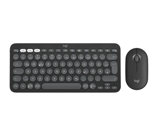 Logitech Pebble 2 wireless keyboard and mouse combo in sleek minimalist design, featuring compact low-profile keys and a smooth ergonomic mouse, ideal for modern workspaces.