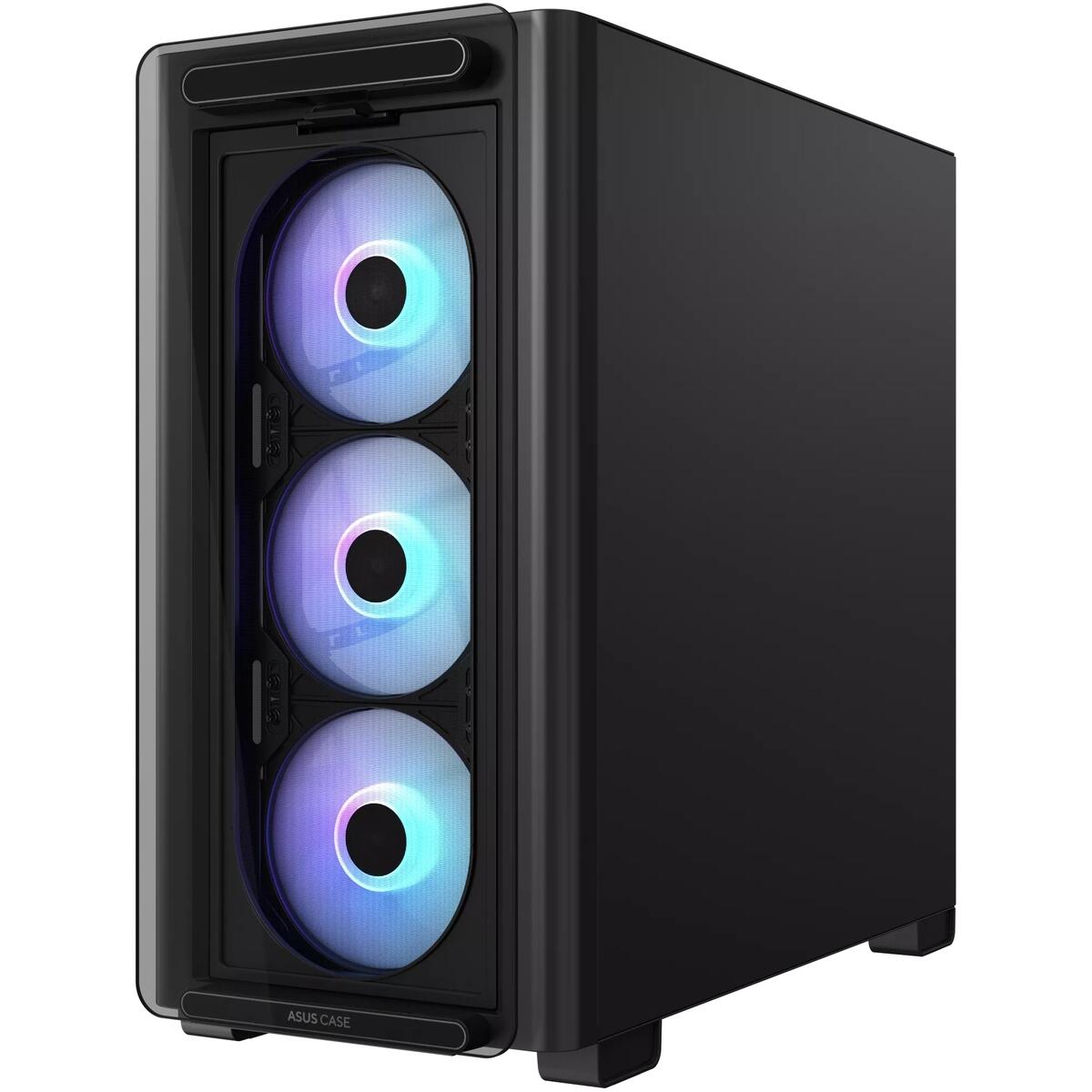 ASUS A23 PLUS TG ARGB black mid tower PC case with tempered glass and 4x120mm RGB fans for gaming builds