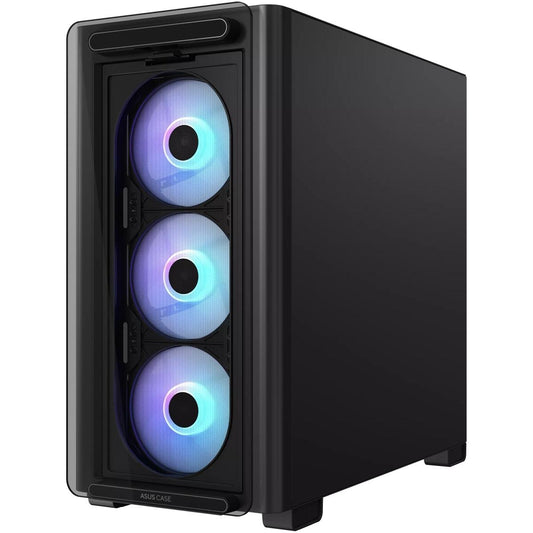 ASUS A23 PLUS TG ARGB black mid tower PC case with tempered glass and 4x120mm RGB fans for gaming builds