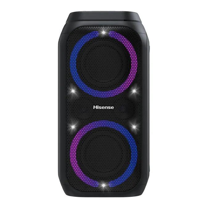 Hisense HP160 160W Party Rocket Speaker front view with lights on