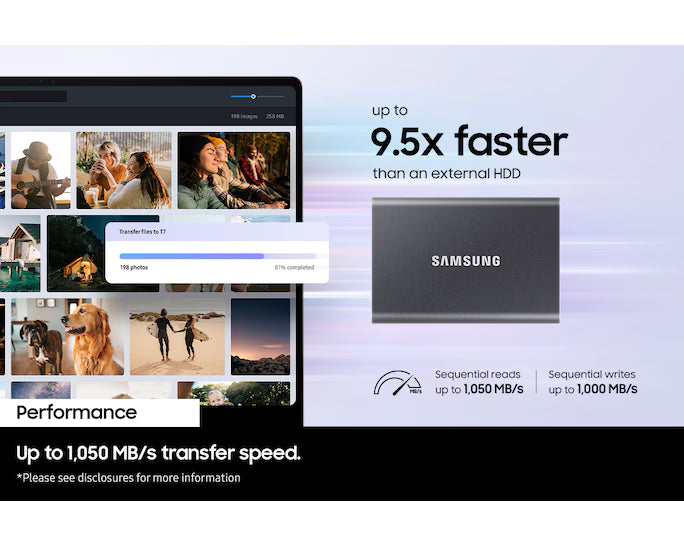 Samsung T7 MU-PC2T0T 2TB portable SSD with USB 3.2 Gen 2 up to 1050MB/s transfer speed and AES 256-bit hardware encryption