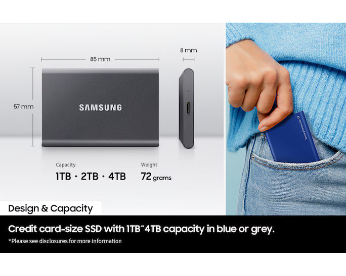 Samsung T7 MU-PC2T0T 2TB portable SSD with USB 3.2 Gen 2 up to 1050MB/s transfer speed and AES 256-bit hardware encryption
