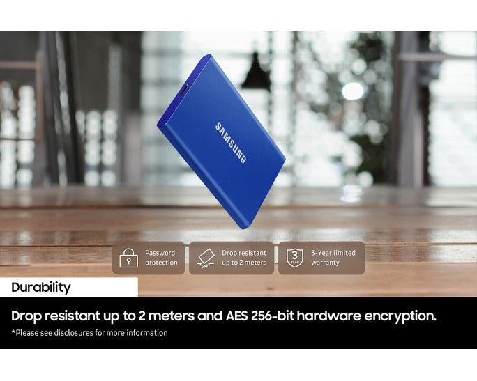Samsung T7 MU-PC2T0T 2TB portable SSD with USB 3.2 Gen 2 up to 1050MB/s transfer speed and AES 256-bit hardware encryption