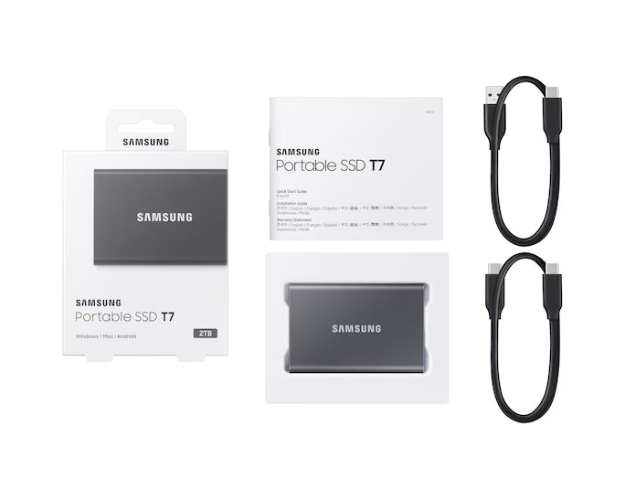 Samsung T7 MU-PC2T0T 2TB portable SSD with USB 3.2 Gen 2 up to 1050MB/s transfer speed and AES 256-bit hardware encryption