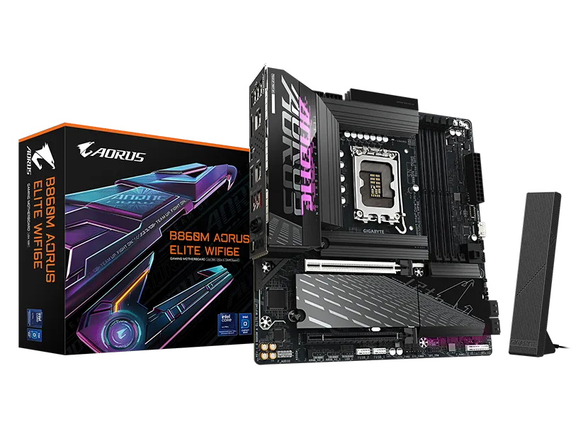 GIGABYTE B860M AORUS ELITE WIFI6E Intel B860 LGA1851 Micro-ATX DDR5 motherboard with WiFi 6E and M.2 storage support for gaming PC builds