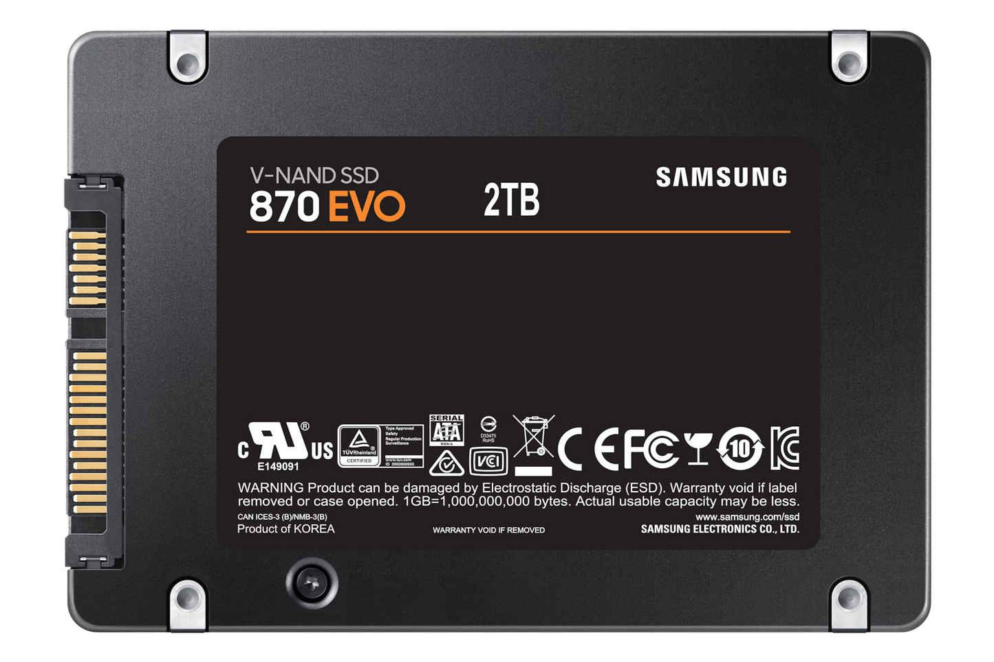 Samsung 870 EVO 2TB 2.5 inch SATA SSD front view showing compact design