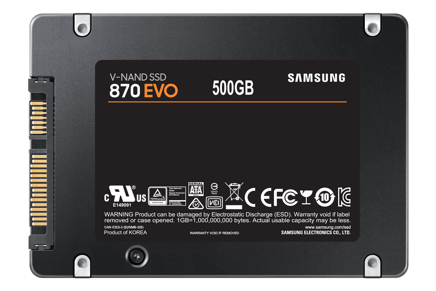 Samsung 870 EVO 2.5 inch 500GB SATA SSD front view showing compact design