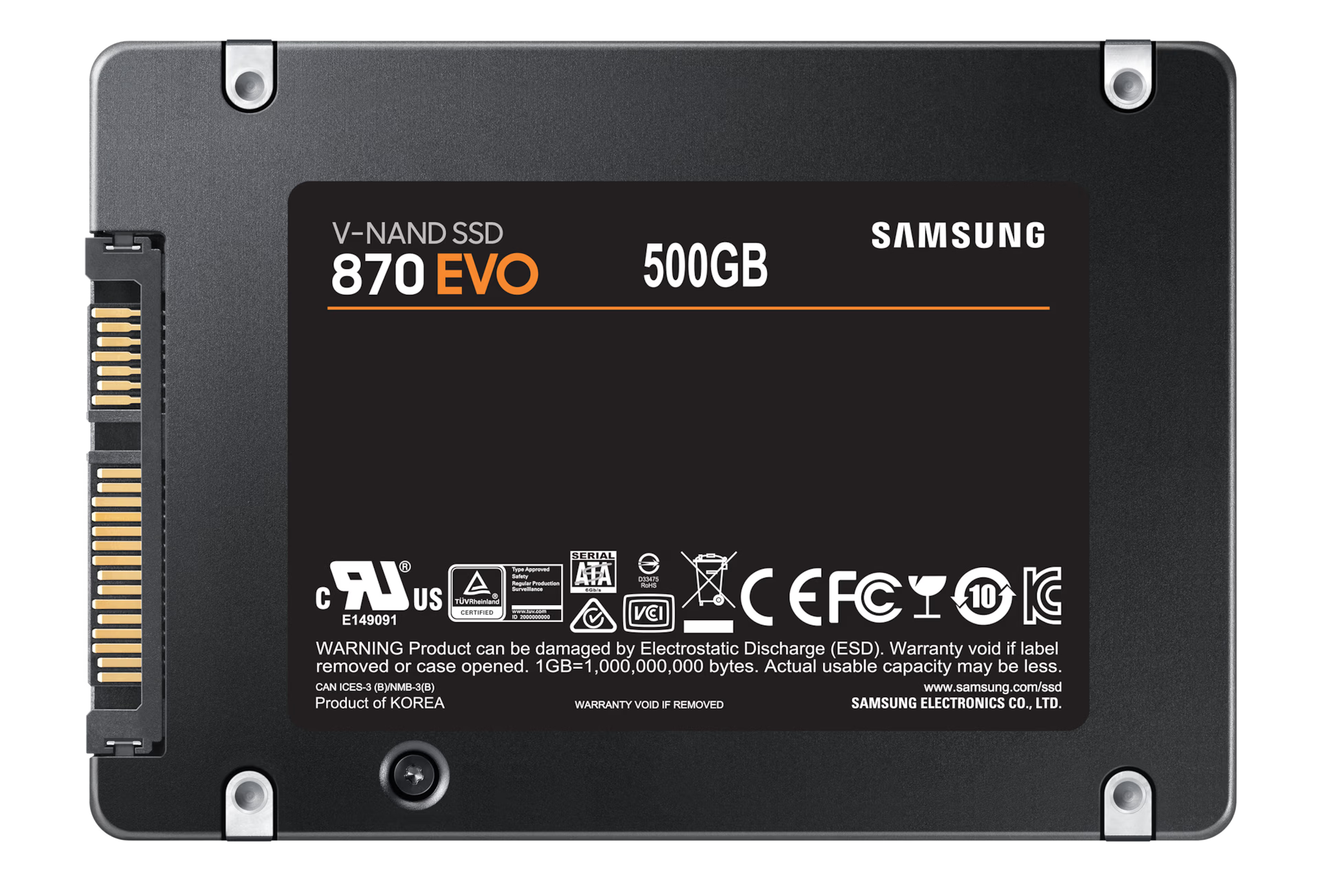 Samsung 870 EVO 2.5 inch 500GB SATA SSD front view showing compact design