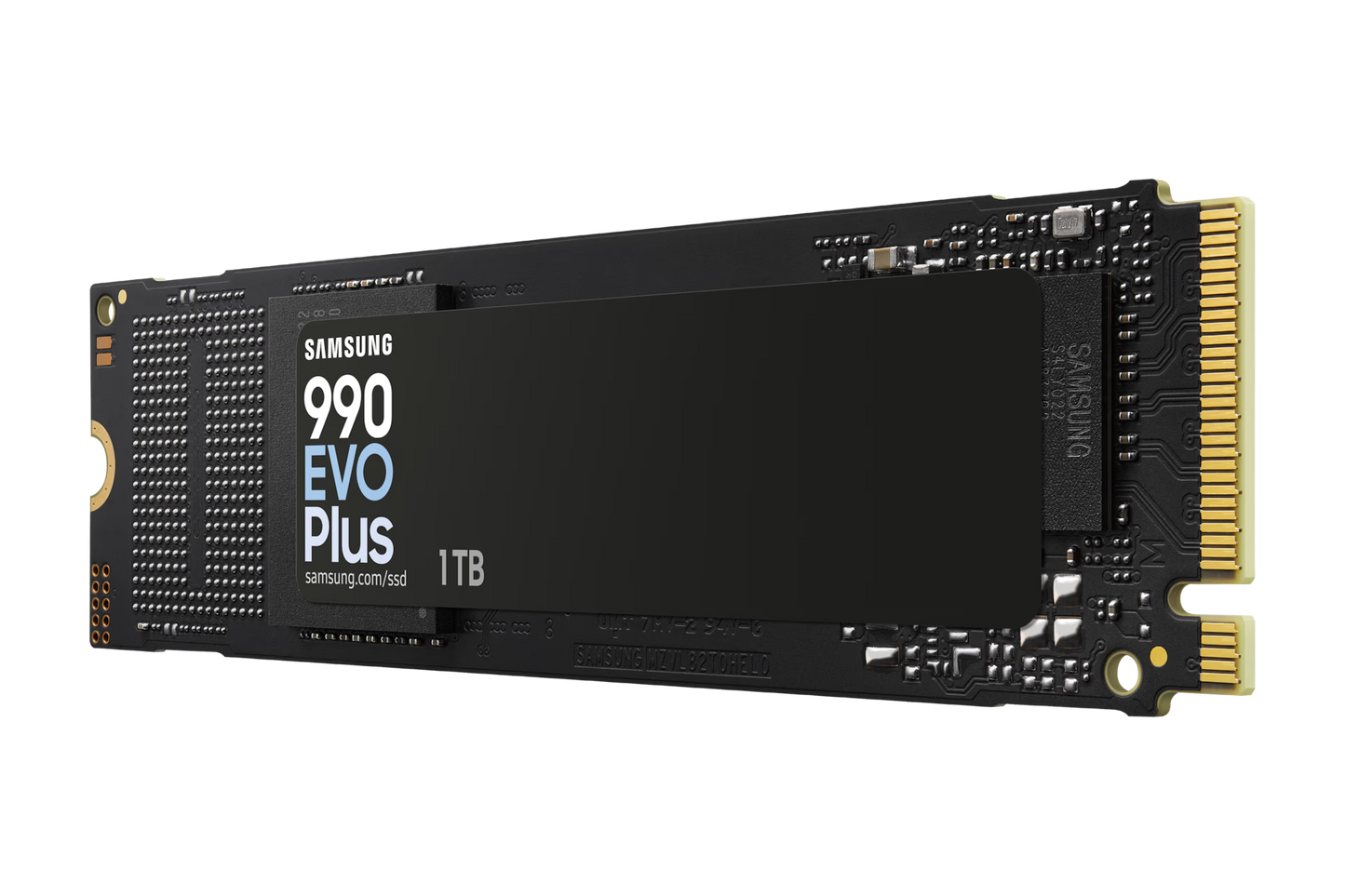 Samsung 990 EVO Plus 1TB NVMe SSD front view showing M.2 2280 compact design