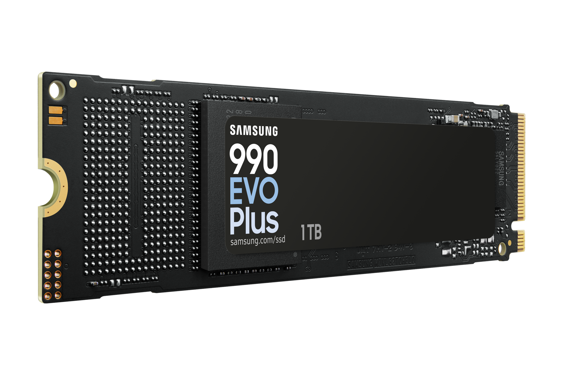 Samsung 990 EVO Plus 1TB NVMe SSD front view showing M.2 2280 compact design