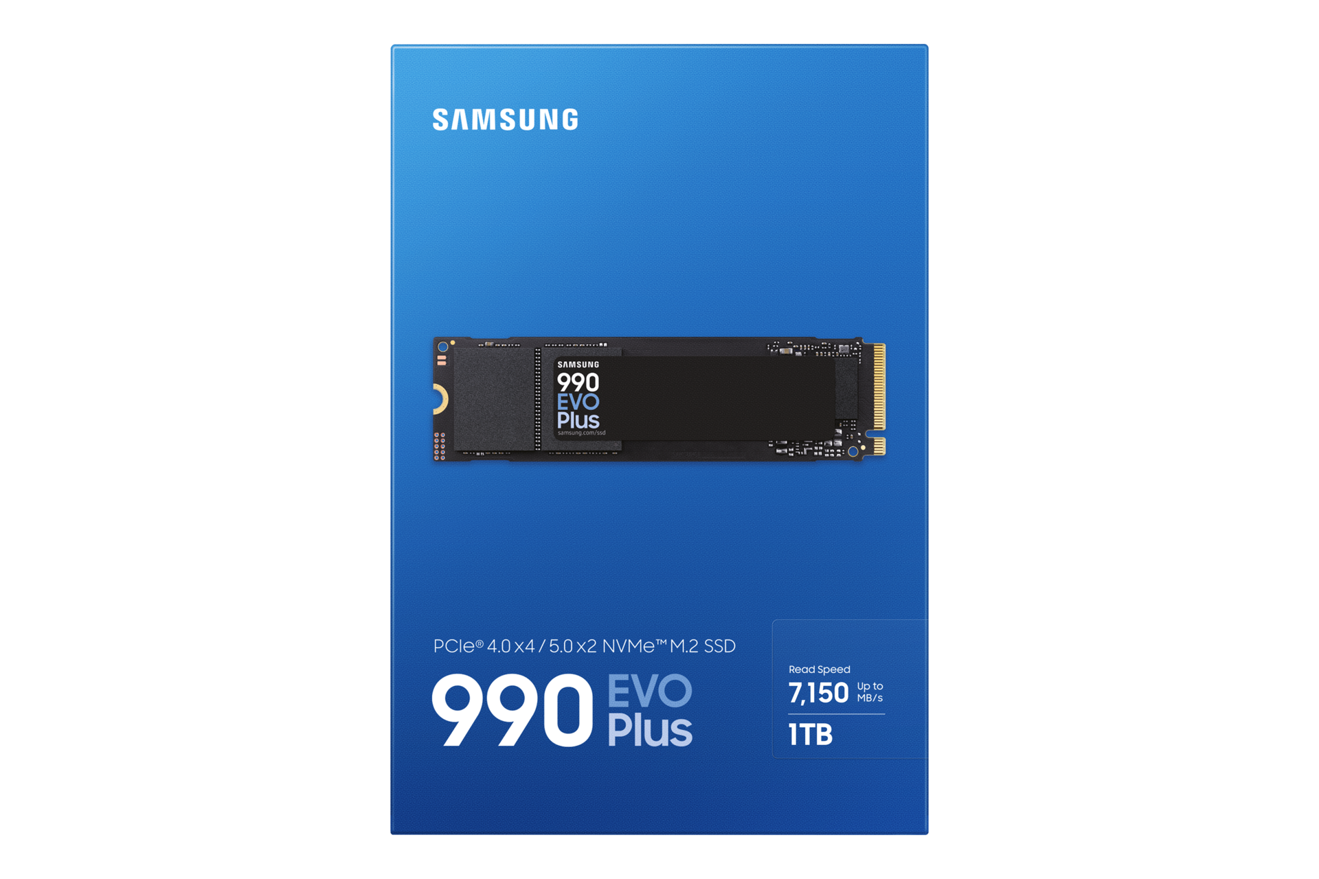 Samsung 990 EVO Plus 1TB NVMe SSD front view showing M.2 2280 compact design