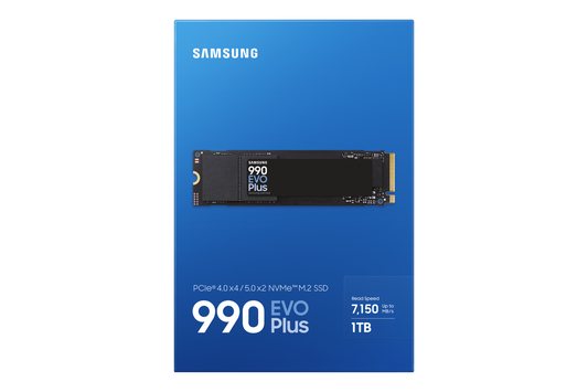 Samsung 990 EVO Plus 1TB NVMe SSD front view showing M.2 2280 compact design