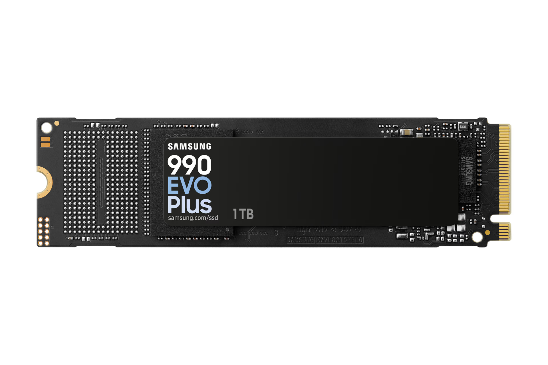 Samsung 990 EVO Plus 1TB NVMe SSD front view showing M.2 2280 compact design