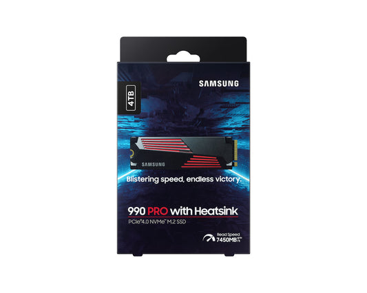 Samsung 990 PRO 4TB NVMe SSD with heatsink front view showing M.2 2280 design and cooling