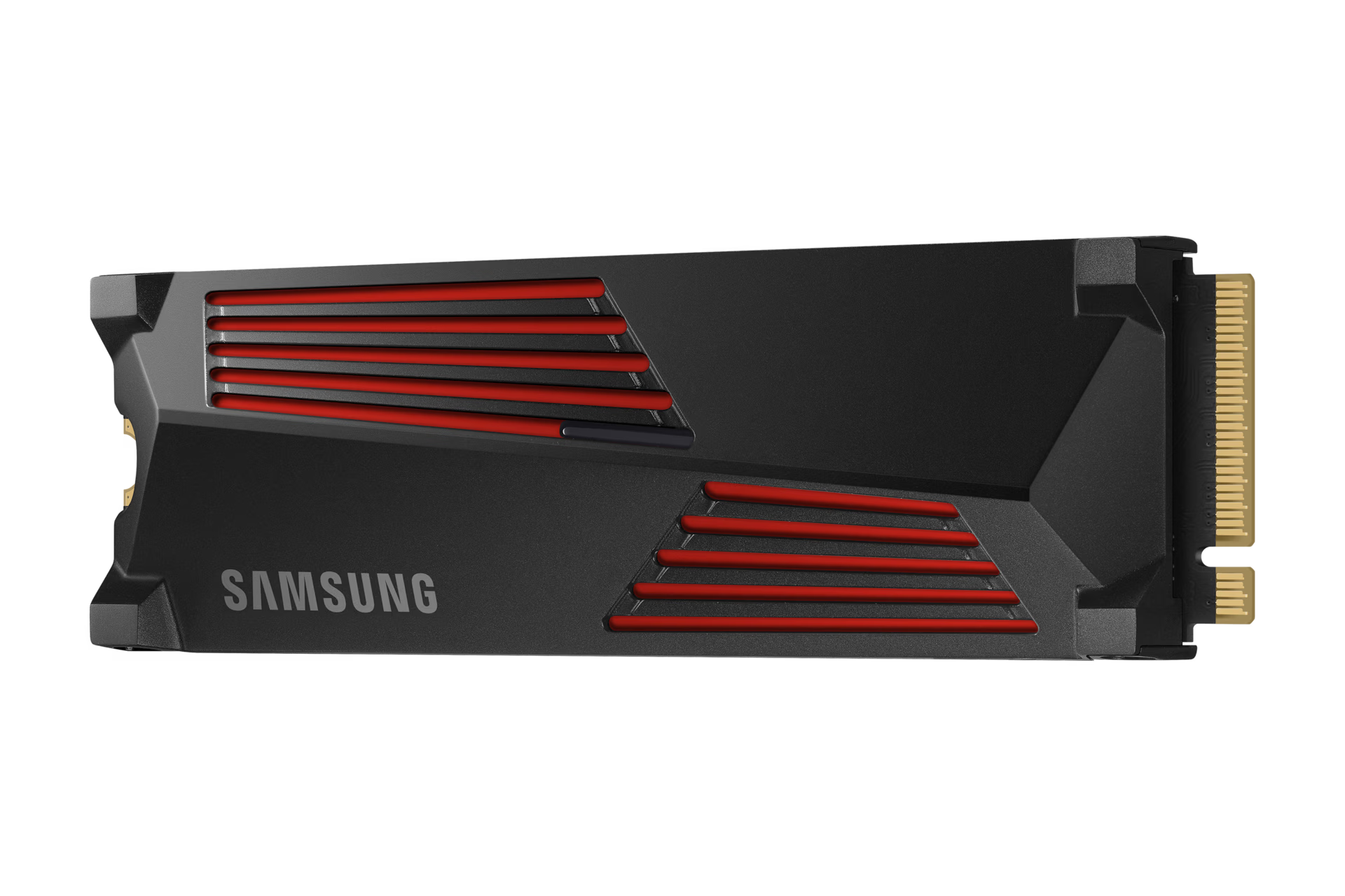 Samsung 990 PRO 4TB NVMe SSD with heatsink front view showing M.2 2280 design and cooling