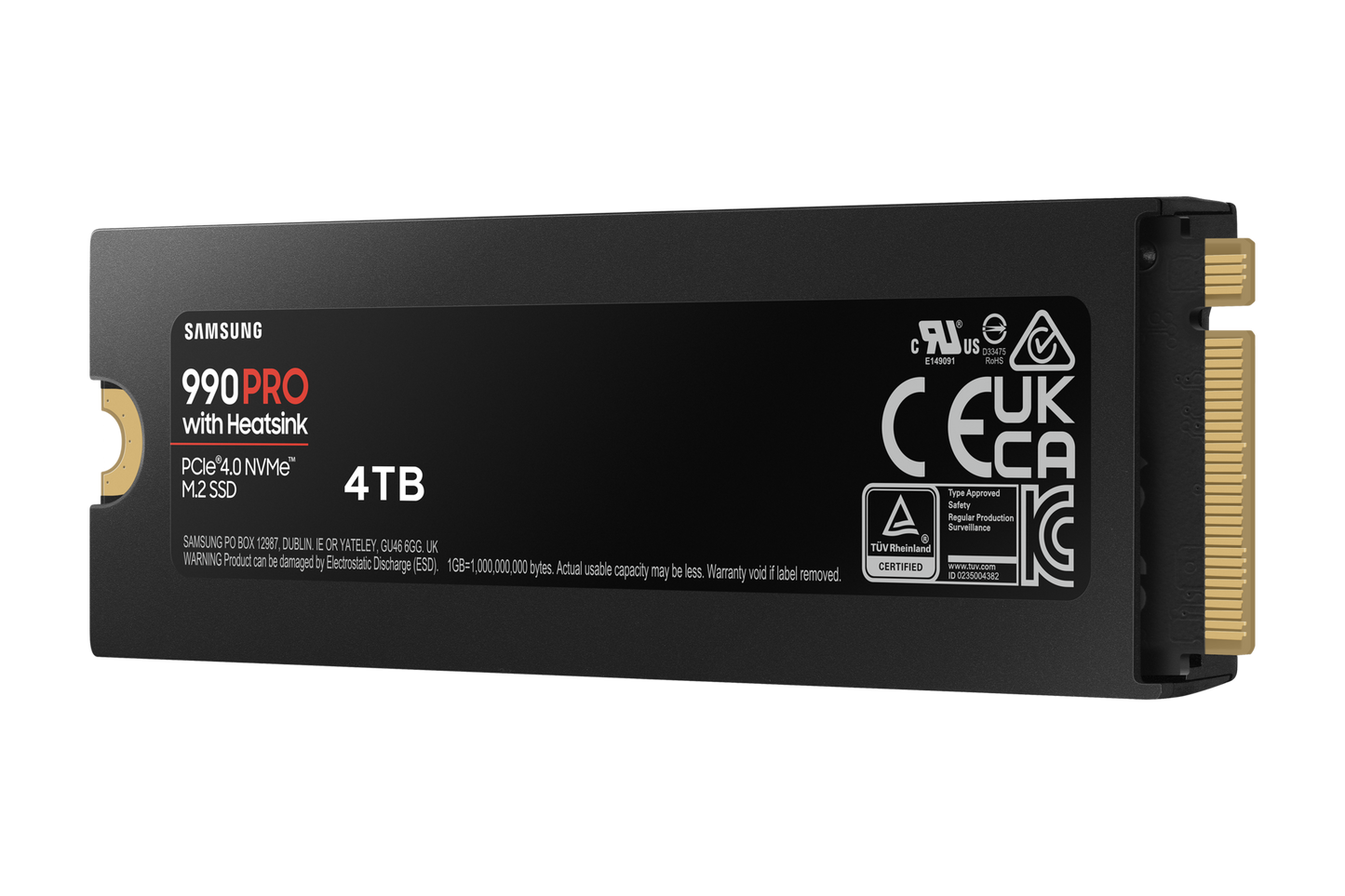 Samsung 990 PRO 4TB NVMe SSD with heatsink front view showing M.2 2280 design and cooling