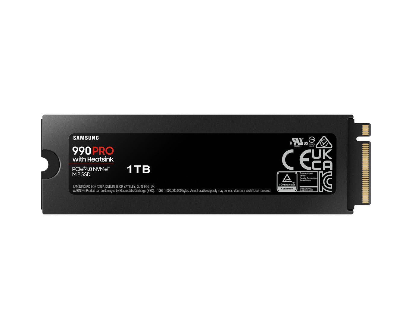 Samsung 990 PRO 1TB NVMe SSD with heatsink front view showing M.2 2280 design and cooling